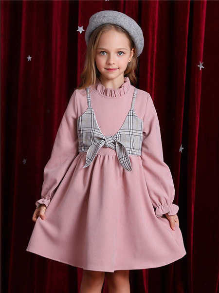 童装品牌2020冬季粉色淑女分假两件连衣裙