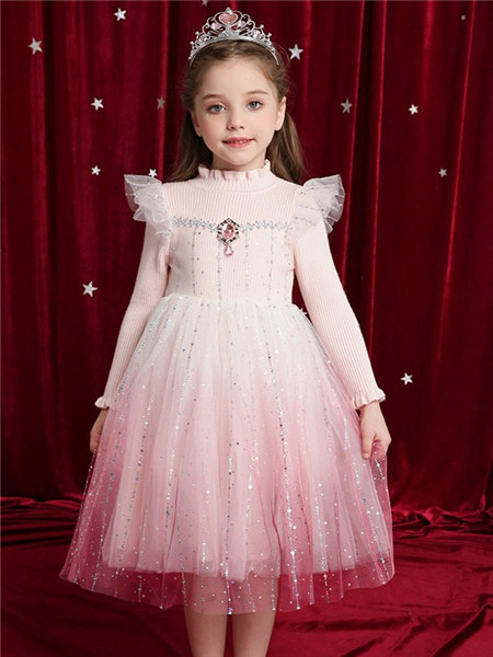 童装品牌2020冬季粉色仙女风飞机袖连衣裙