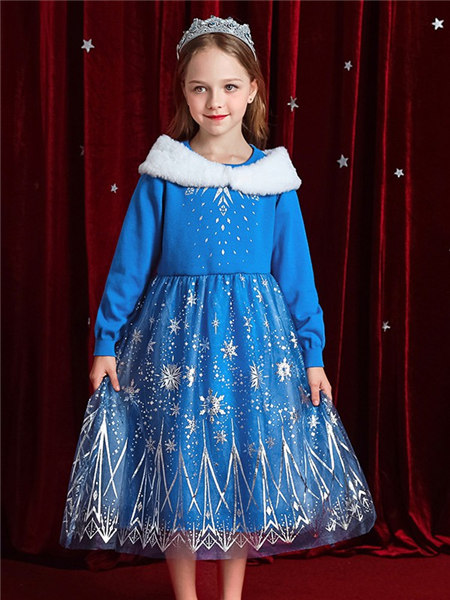 童装品牌2020冬季蓝色保暖加厚连衣裙