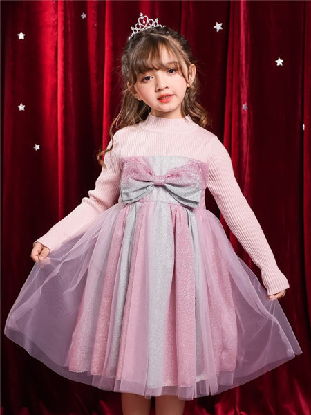 童装品牌2020冬季粉紫色蝴蝶结收褶连衣裙