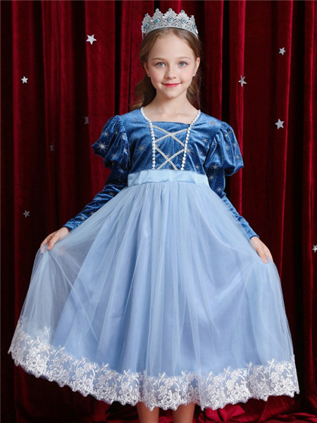Disney/MarkandSpencer/永丽公主童装品牌2020冬季法式复古蓝色连衣裙