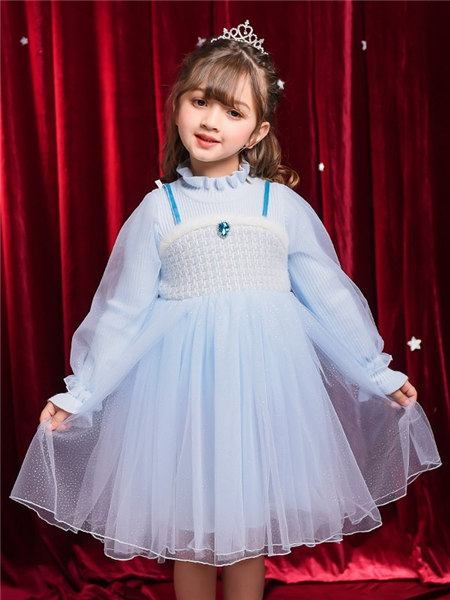 童装品牌2020冬季清新优雅淡蓝色连衣裙