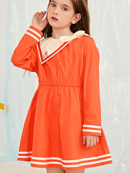 童装品牌2021春夏橙色宽松连衣裙