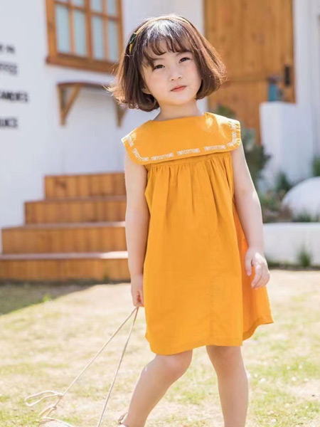 童装品牌2021春夏橙色无袖连衣裙