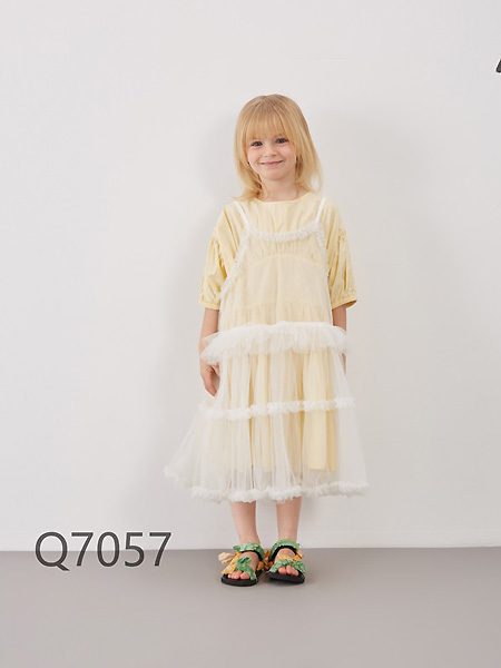 莫小汐童装品牌2021夏季黄色宽松薄款网纱两件套连衣裙