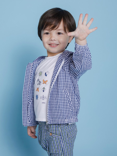 ETTOI童装品牌2021夏季男孩休闲蓝色格子外套