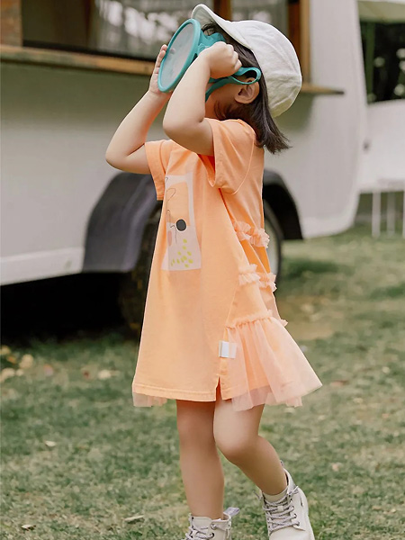 卡贝杰童装品牌2021夏季橙色甜美连衣裙