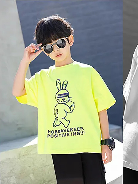 H|O逅童装品牌2021夏季黄色小兔子图案T恤