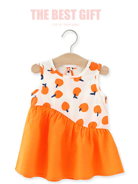 小鲨诺拉童装品牌2021夏季橙色拼接微褶连衣裙