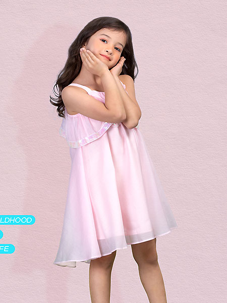 ULLU 优露童装品牌2021夏季可爱甜美吊带纯色背带雪纺连衣裙