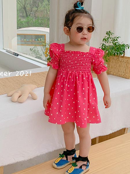 童装品牌2021夏季粉红波点裙子