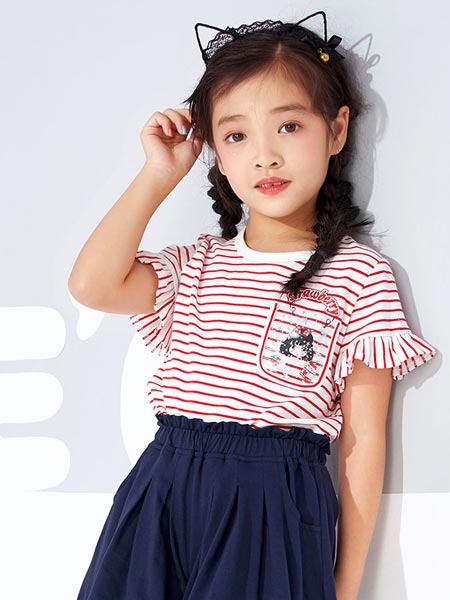 童装品牌2021春夏可爱百搭红白条纹短袖T恤