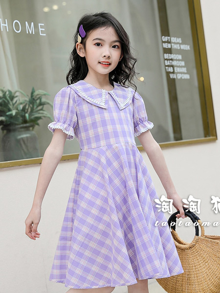 淘气猫童装童装品牌2021春夏紫色纹路连衣裙