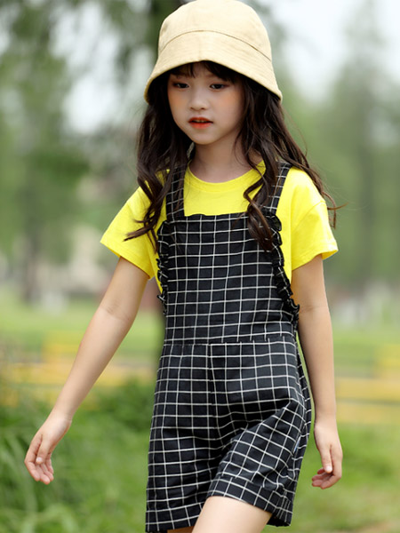 蒙蒙摩米 Mes amis童装品牌2021夏季时髦俏皮格子吊带黄色T恤撞色套装