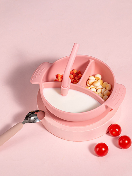 萌达婴童用品儿童硅胶分格碗可拆卸吸管底部带吸盘宝宝辅食碗 