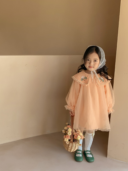 洛小米童装品牌2021夏季橙色纱纱连衣裙