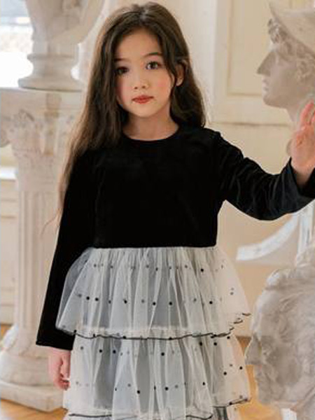 童装品牌2021秋季气质圆点黑丝绒蛋糕裙纱裙