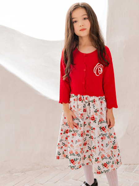 童装品牌2021秋季洋气中大童正红碎花兔绒针织毛衫裙子