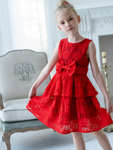 童装品牌2021秋季设计师红色儿童公主裙洋气蕾丝蝴蝶结礼服裙