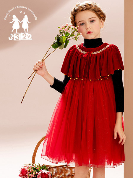 三三俩俩儿童装品牌2021秋冬红色大气雪纺连衣裙套装