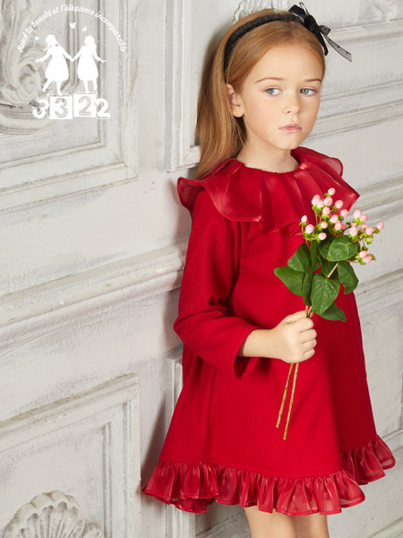三三俩俩儿童装品牌2021秋冬气质红色雪纺圆领连衣裙