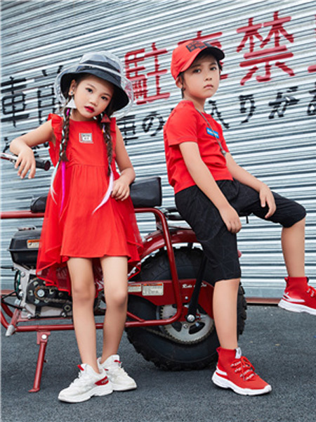 童装品牌2021夏季无袖红色连衣裙套装