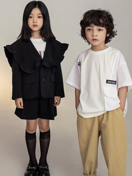 BEBESTORY贝尚童装品牌2021春夏黑色雪纺外套套装
