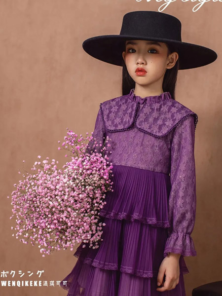 温琪可可童装品牌2021秋季紫色花朵印花雪纺连衣裙