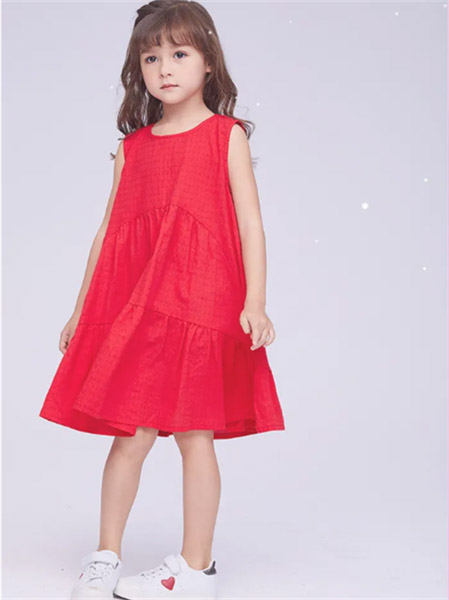 艾艾屋童装品牌2021夏季气质红色舒适连衣裙