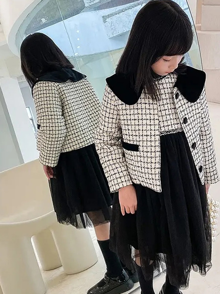 咪哒MIDA童装品牌2021秋季加厚格子纹路翻领外套套装