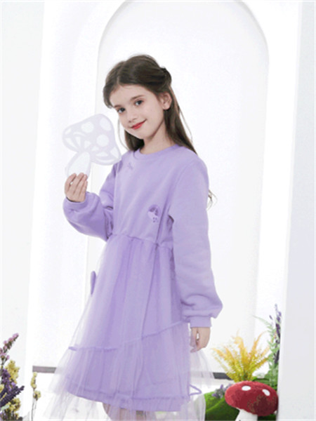 乐鲨童装品牌2021秋季紫色纯棉甜美连衣裙