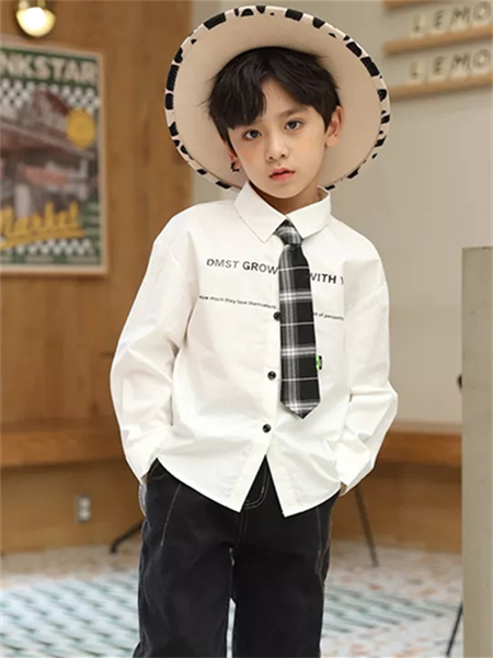 德蒙斯特童装品牌2021秋季韩版系带英文刺绣衬衫两件套
