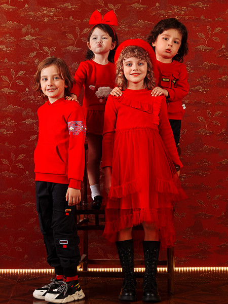 铅笔俱乐部童装品牌2021秋季喜气红色气质连衣裙
