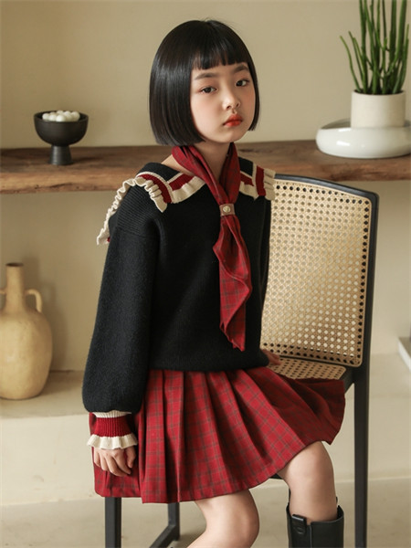 唛咖啦童装品牌2021秋季雪纺系带针织衫两件套
