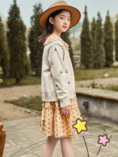 童装品牌2021秋季刺绣印花羊绒针织衫外套两件套