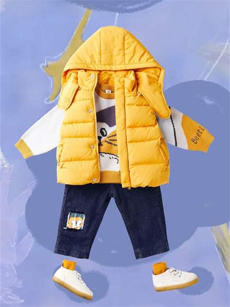 可拉比特童装品牌2021冬季连帽条纹薄款加绒马甲外套