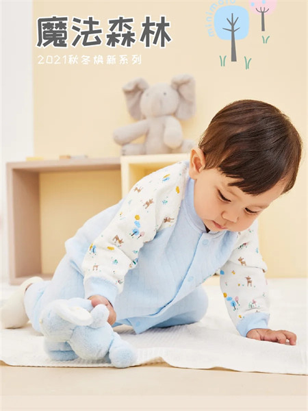 小米米（minimoto）童装品牌2021秋冬拼接色刺绣纯棉连体衣