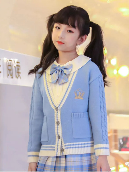 童装品牌2021秋冬jk蓝色系制服针织外套