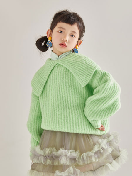 M童装品牌2021秋冬娃娃领绿色打底毛衣