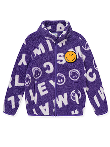 乔丹儿童童装品牌2021冬季紫色字母笑脸印花外套