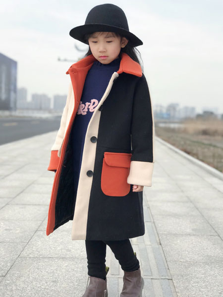 童装品牌2021冬季长款拼色韩版呢子大衣