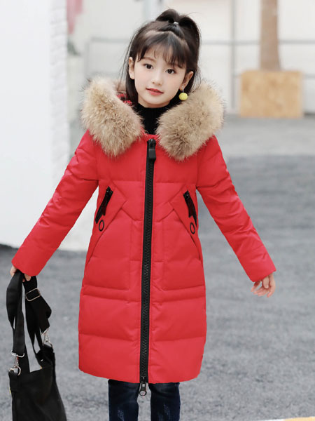 宾果童话童装品牌2021冬季红色大毛领长款保暖羽绒服