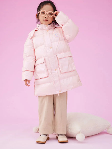 小猪班纳童装品牌2021冬季粉色连帽长款羽绒服