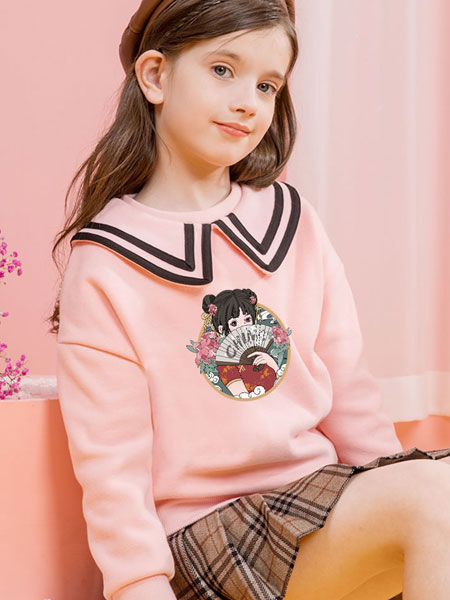 童装品牌2021秋冬娃娃领粉色甜美卫衣