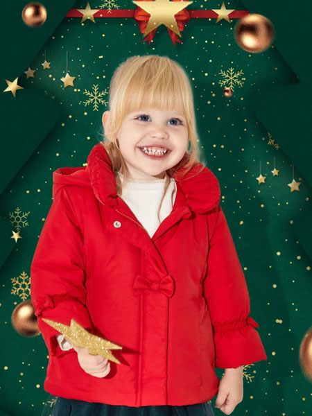 童装品牌2021冬季修身连帽红色羽绒服圣诞感
