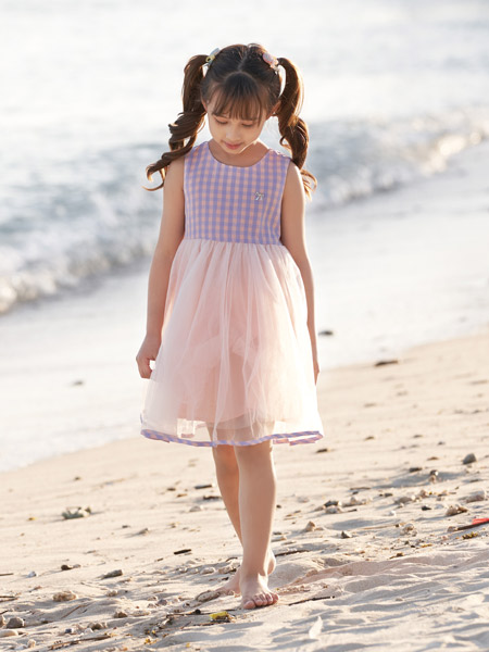 芭樂兔童裝品牌2022春夏紫色粉色時尚韓版公主森系歐根紗無袖格紋蓬蓬連衣裙