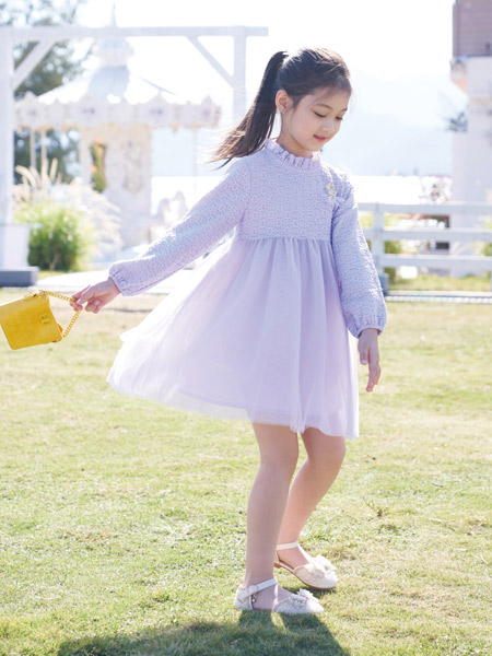 童装品牌2022春夏紫色小清新公主森系复古欧根纱户外服装气质款长袖公主裙