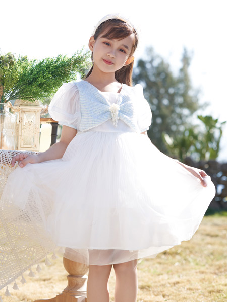 芭樂兔童裝品牌2022春夏白色韓版公主歐根紗復古氣質款燈籠袖蝴蝶結白雪公主裙