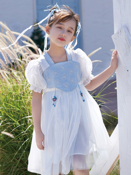 芭樂兔童裝品牌2022春夏中國元素藍色唐裝燈籠袖復古森系漢服連衣裙公主裙