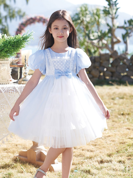 芭樂兔童裝品牌2022春夏藍色公主森系復古歐根紗波點蝴蝶結氣質款洛麗塔公主裙